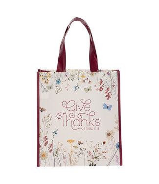 Christian Art Gifts Give Thanks Topsy-Turvy Wildflower Non-Woven Coated Tote Bag - 1 Thessalonians 5:18 「感恩頌讚」野花無紡布塗層環保袋 - 帖撒羅尼迦前書5:18