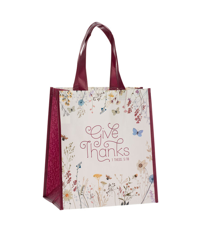 Give Thanks Topsy-Turvy Wildflower Non-Woven Coated Tote Bag - 1 Thessalonians 5:18 「感恩頌讚」野花無紡布塗層環保袋 - 帖撒羅尼迦前書5:18