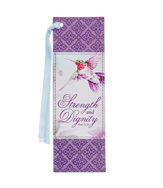 Christian Art Gifts Strength and Dignity Hummingbird Purple Faux Leather Bookmark - Proverbs 31:25 蜂鳥紫色仿皮書簽 - 箴言 31:25