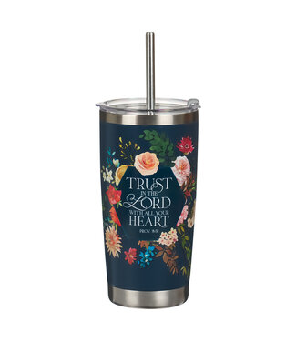 Christian Art Gifts Trust Indigo Blue Floral Stainless Steel Travel Tumbler with Stainless Steel Straw - Proverbs 3:5 靛藍花卉不銹鋼旅行保溫杯，附不銹鋼吸管 - 箴言3:5
