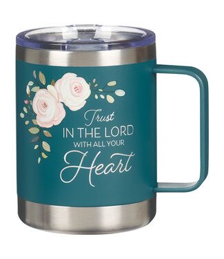 Christian Art Gifts Trust in the Lord Teal Floral Camp-Style Stainless Steel Travel Mug - Proverbs 3:5 青綠色花卉露營風格不銹鋼馬克杯