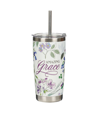 Christian Art Gifts Amazing Grace Purple Floral Stainless Steel Travel Tumbler with Stainless Steel Straw 「奇異恩典」紫色花卉不鏽鋼旅行保溫杯，附不鏽鋼吸管