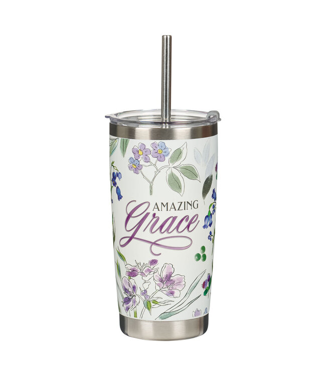 Amazing Grace Purple Floral Stainless Steel Travel Tumbler with Stainless Steel Straw 「奇異恩典」紫色花卉不鏽鋼旅行保溫杯，附不鏽鋼吸管