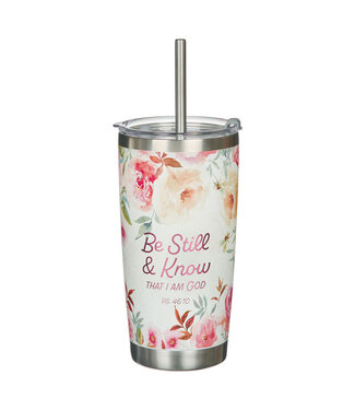 Christian Art Gifts Be Still and Know Bright Floral Stainless Steel Travel Tumbler with Stainless Steel Straw - Psalm 46:10 明亮花卉不鏽鋼旅行保溫杯（配不銹鋼吸管）