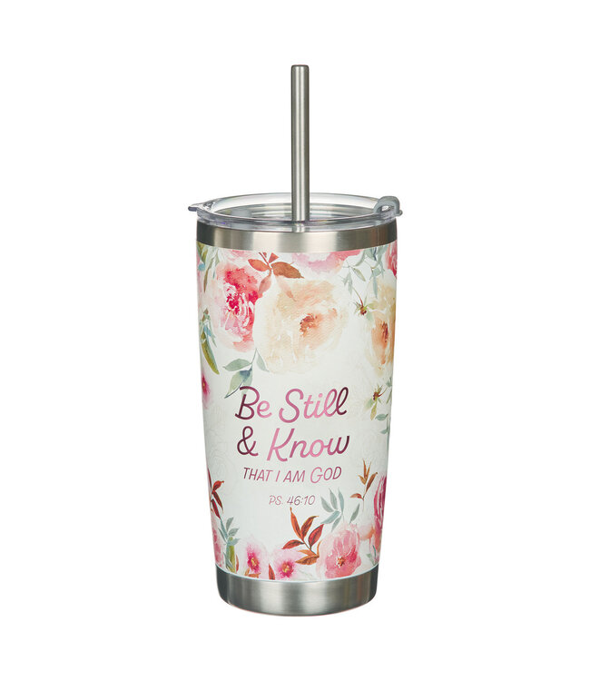 Be Still and Know Bright Floral Stainless Steel Travel Tumbler with Stainless Steel Straw - Psalm 46:10 明亮花卉不鏽鋼旅行保溫杯（配不銹鋼吸管）