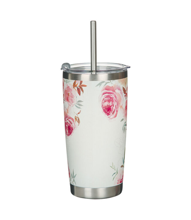Be Still and Know Bright Floral Stainless Steel Travel Tumbler with Stainless Steel Straw - Psalm 46:10 明亮花卉不鏽鋼旅行保溫杯（配不銹鋼吸管）