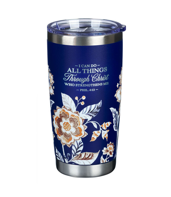 I Can Do All Things Through Christ Honey-brown and Navy Floral Stainless Steel Travel Tumbler - Philippians 4:13 蜂蜜棕色和海軍藍色花卉不銹鋼旅行杯