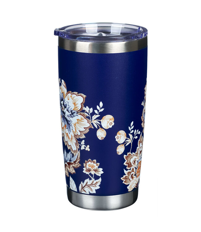 I Can Do All Things Through Christ Honey-brown and Navy Floral Stainless Steel Travel Tumbler - Philippians 4:13 蜂蜜棕色和海軍藍色花卉不銹鋼旅行杯