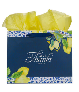 Christian Art Gifts Give Thanks Blue and Yellow Lemon Large Landscape Gift Bag - 1 Thessalonians 5:18 大型禮物袋