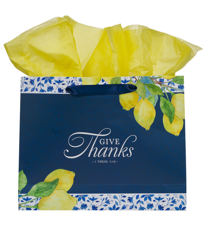 Give Thanks Blue and Yellow Lemon Large Landscape Gift Bag - 1 Thessalonians 5:18 | 禮物袋（大）