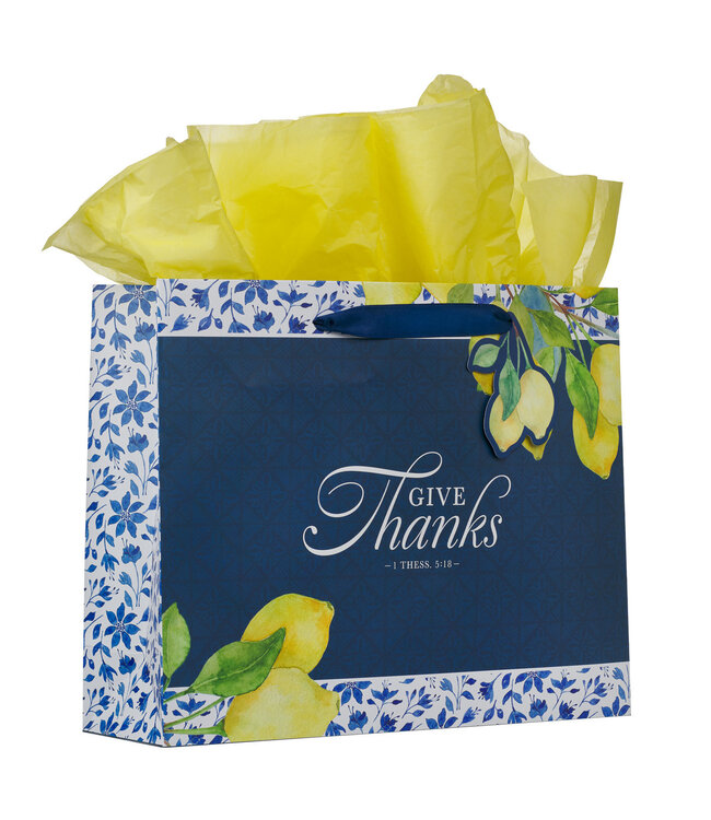 Give Thanks Blue and Yellow Lemon Large Landscape Gift Bag - 1 Thessalonians 5:18 | 禮物袋（大）