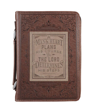 Christian Art Gifts A Man's Heart Brown Faux Leather Classic Bible Cover - Proverbs 16:9 仿皮拉鏈聖經套