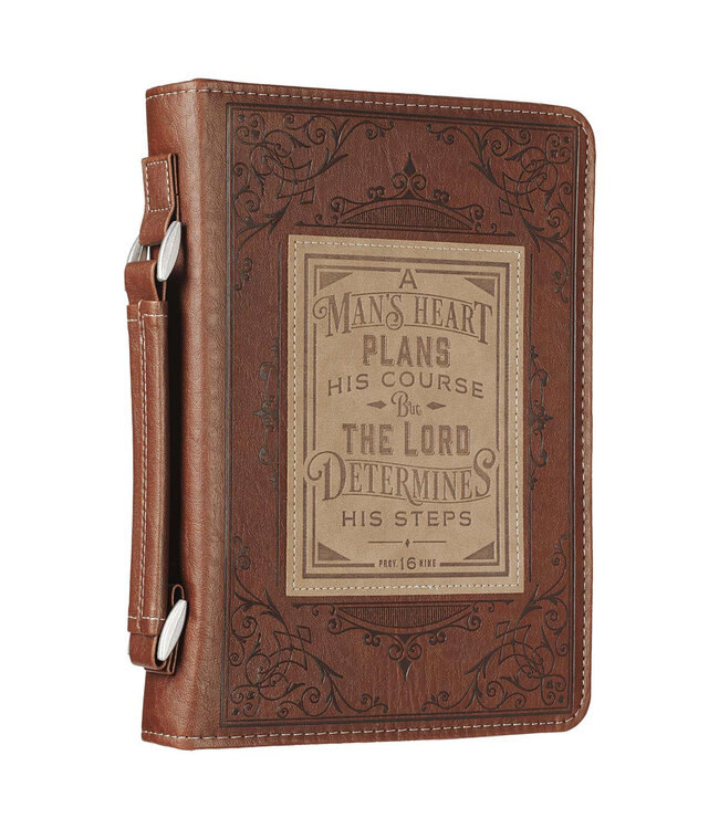 A Man's Heart Brown Faux Leather Classic Bible Cover - Proverbs 16:9 仿皮拉鏈聖經套