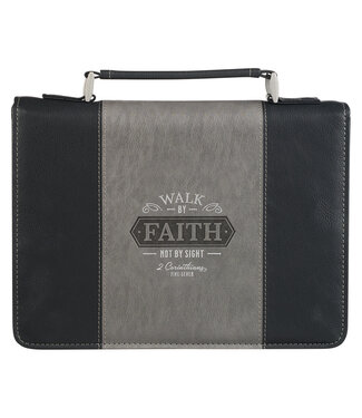 Christian Art Gifts Walk by Faith Black and Gray Faux Leather Classic Bible Cover - 2 Corinthians 5:7 仿皮拉鏈聖經套