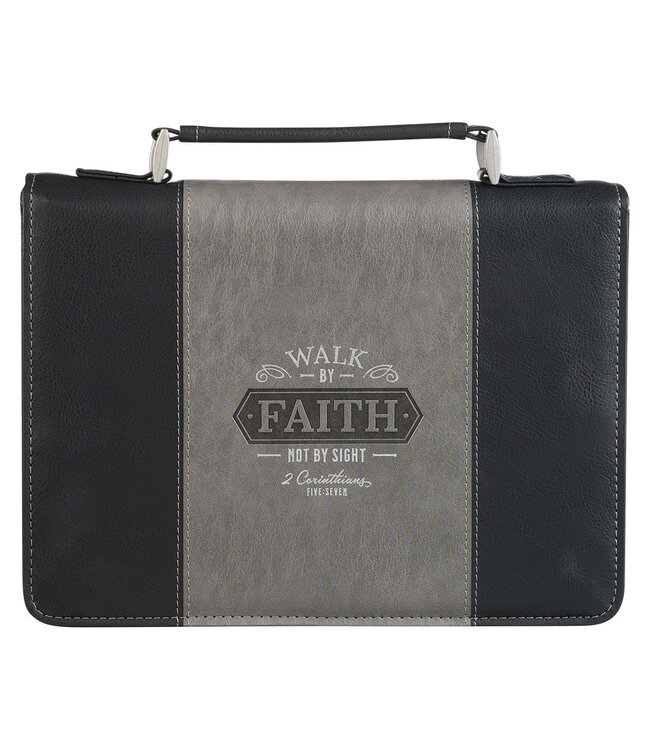 Walk by Faith Black and Gray Faux Leather Classic Bible Cover - 2 Corinthians 5:7 仿皮拉鏈聖經套