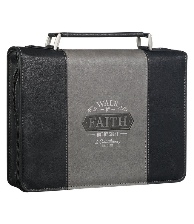 Walk by Faith Black and Gray Faux Leather Classic Bible Cover - 2 Corinthians 5:7 仿皮拉鏈聖經套