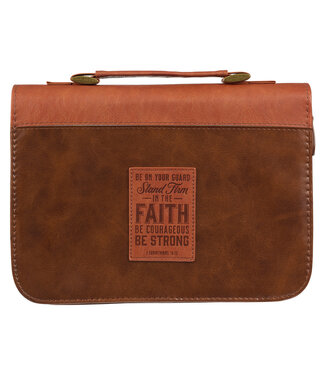 Christian Art Gifts Stand Firm Two-tone Brown Faux Leather Classic Bible Cover - 1 Corinthians 16:13  仿皮拉鏈聖經套