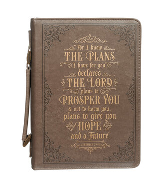 Christian Art Gifts For I know the Plans Brown Faux Leather Classic Bible Cover - Jeremiah 29:11 仿皮拉鏈聖經套