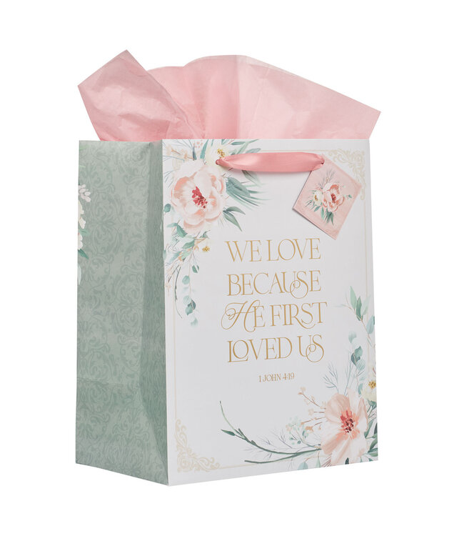 Love Peachy-pink Floral Large Portrait Gift Bag - 1 John 4:19 | 大型紙製禮物袋