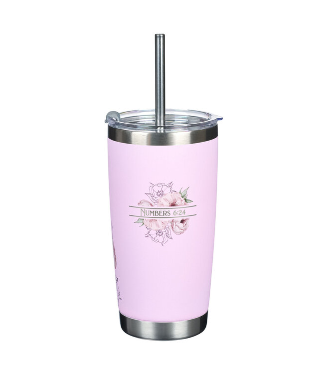Bless You and Keep You Pink Floral Stainless Steel Travel Tumbler with Stainless Steel Straw - Numbers 6:24 不鏽鋼旅行保溫杯（配不銹鋼吸管）