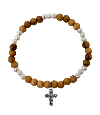 Logos Trading Post Holy Land Olive Wood Stretch Bracelet, White Beads and Cross Dangle 橄欖木彈性手鍊