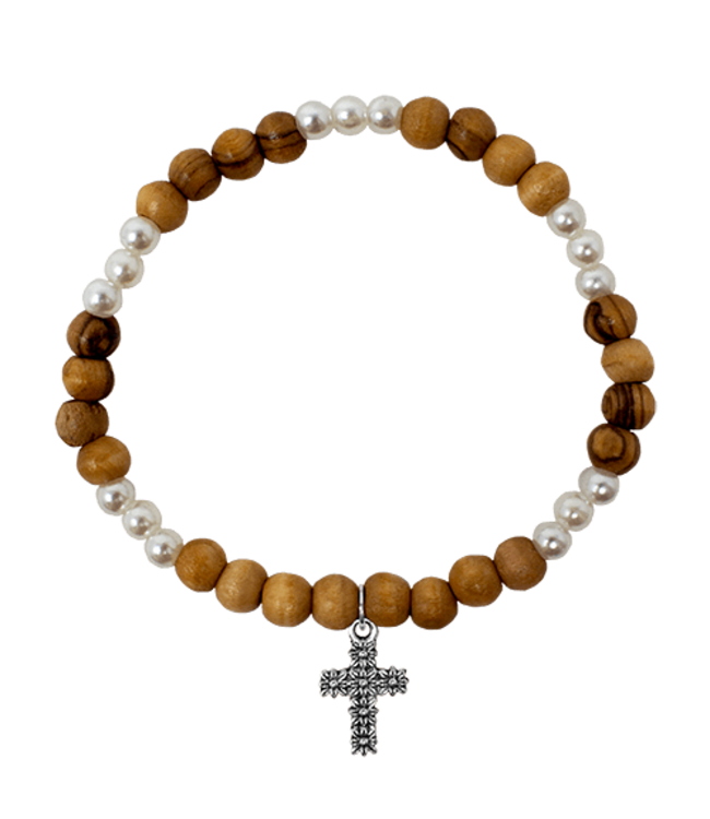 Holy Land Olive Wood Stretch Bracelet, White Beads and Cross Dangle 橄欖木彈性手鍊