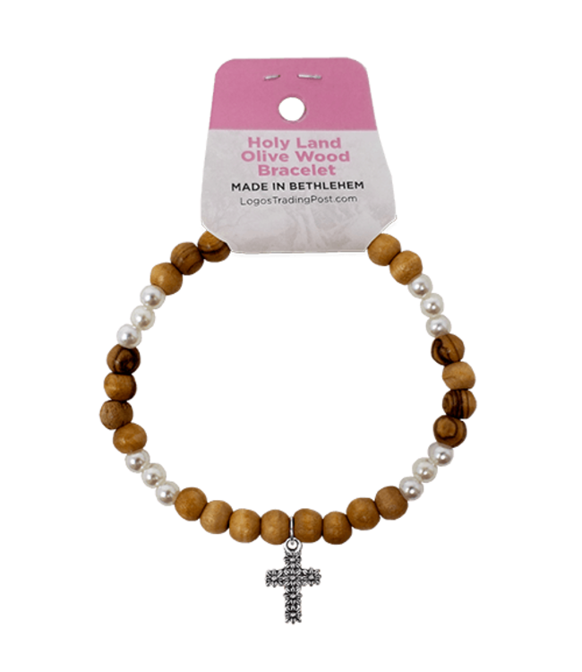 Holy Land Olive Wood Stretch Bracelet, White Beads and Cross Dangle 橄欖木彈性手鍊