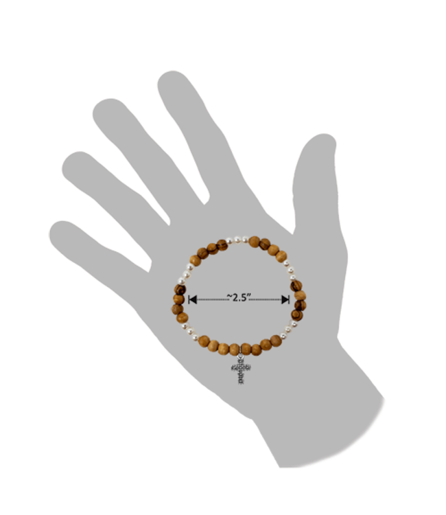 Holy Land Olive Wood Stretch Bracelet, White Beads and Cross Dangle 橄欖木彈性手鍊