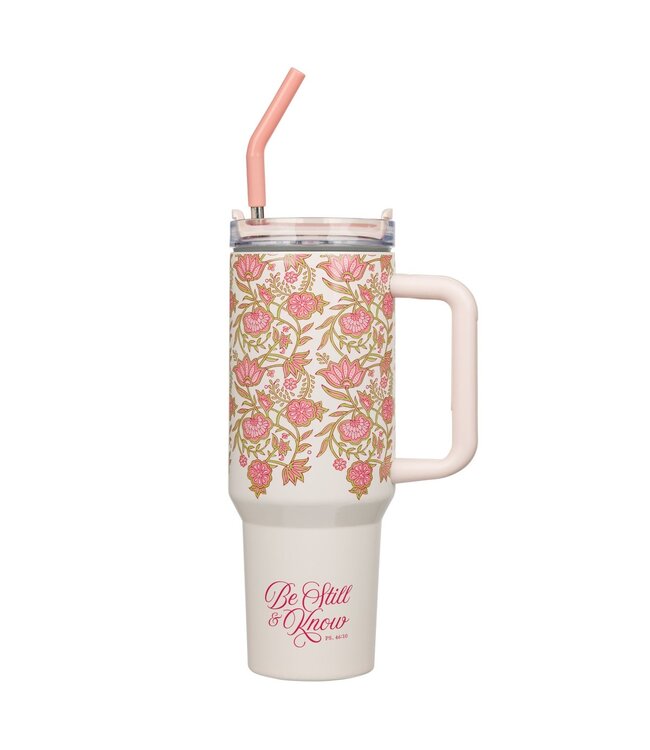 Be Still and Know Pink Spring Floral 40 Oz Tumbler with Reusable Straw - Psalm 46:10 | 40 盎司保溫杯，附可重複使用吸管