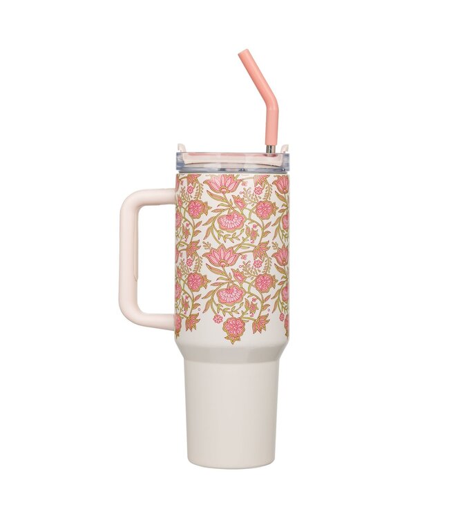 Be Still and Know Pink Spring Floral 40 Oz Tumbler with Reusable Straw - Psalm 46:10 | 40 盎司保溫杯，附可重複使用吸管