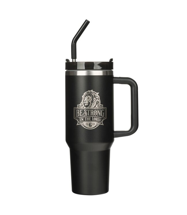 Be Strong in the Lord Black 40 Oz Tumbler with Reusable Straw - Ephesians 6:10 | 40 盎司保溫杯搭配可重複使用的吸管