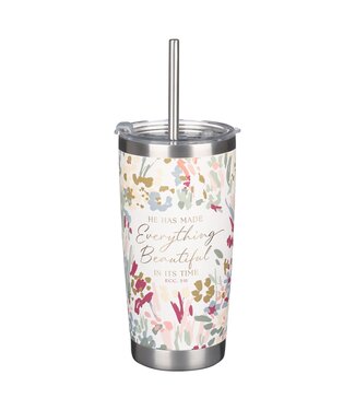 Christian Art Gifts White Floral Everything Beautiful Stainless Steel Travel Mug with Reusable Stainless Steel Straw - Ecclesiastes 3:11 | 不鏽鋼旅行保溫杯