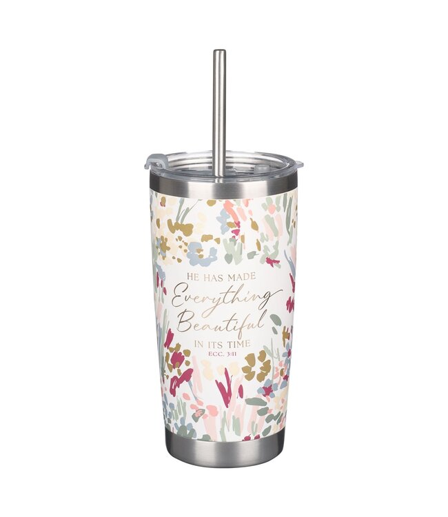 White Floral Everything Beautiful Stainless Steel Travel Mug with Reusable Stainless Steel Straw - Ecclesiastes 3:11 | 不鏽鋼旅行保溫杯
