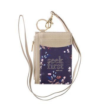 Christian Art Gifts Seek First Taupe and Navy Faux Leather ID Card Holder - Matthew 6:33 | 仿皮身份證夾