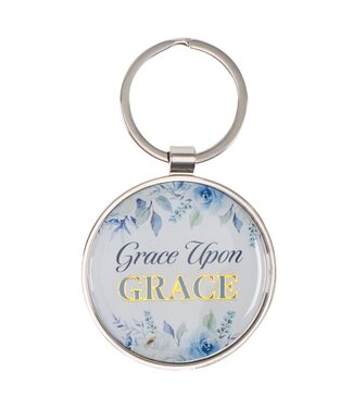 Christian Art Gifts Grace Upon Grace Indigo Rose Gold Metal Epoxy-coated Keychain - John 1:16 | 金屬環氧樹脂鑰匙圈