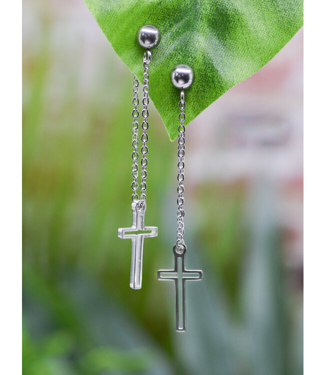 Stainless Steel Collection - Silver Chain Stud Earrings | 十字架不銹鋼吊墜耳環