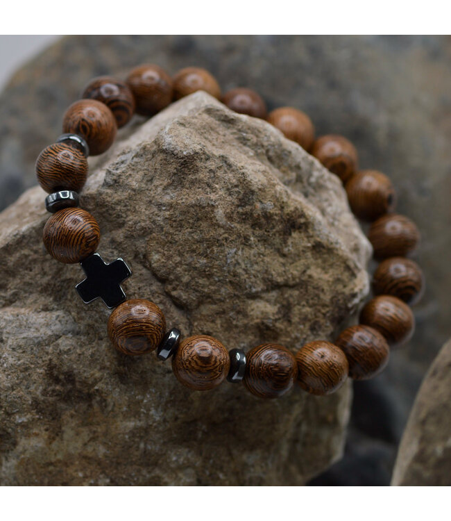 Just for Him Jewelry - Wood Beads, Hematite Accents Bracelet | 木珠加金屬十字裝飾手環