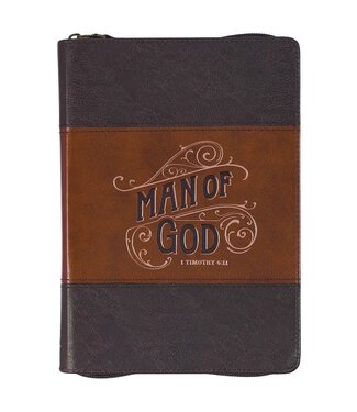 Christian Art Gifts Man of God Honey-brown and Espresso Faux Leather Journal with Zipper Closure - 1 Timothy 6:11 | 仿皮拉鍊封口日記本