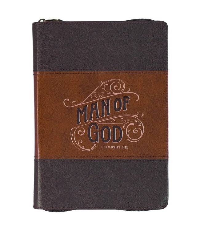 Man of God Honey-brown and Espresso Faux Leather Journal with Zipper Closure - 1 Timothy 6:11   | 仿皮拉鍊封口日記本