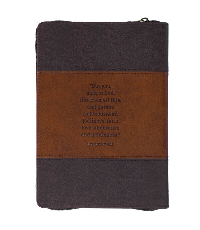 Man of God Honey-brown and Espresso Faux Leather Journal with Zipper Closure - 1 Timothy 6:11   | 仿皮拉鍊封口日記本