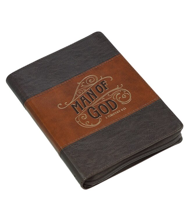 Man of God Honey-brown and Espresso Faux Leather Journal with Zipper Closure - 1 Timothy 6:11   | 仿皮拉鍊封口日記本
