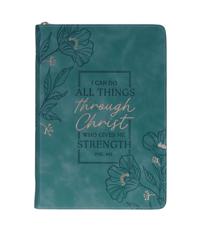 Through Christ Teal Faux Leather Journal with Zippered Closure - Philippians 4:13 | 仿皮拉鍊封口日記本