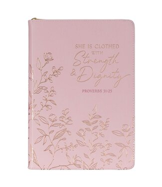 Christian Art Gifts Strength and Dignity Pink Faux Leather Journal with Zippered Closure - Proverbs 31:25 | 仿皮拉鍊封口日記本