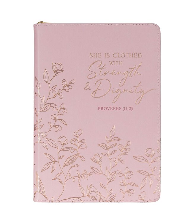Strength and Dignity Pink Faux Leather Journal with Zippered Closure - Proverbs 31:25 | 仿皮拉鍊封口日記本