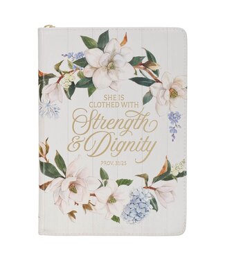 Christian Art Gifts Strength and Dignity Blush Magnolia Faux Leather Journal - Proverbs 31:25 | 仿皮日記本