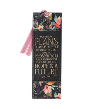 Christian Art Gifts Hope and a Future Midnight Botanical Faux Leather Bookmark - Jeremiah 29:11 | 仿皮書籤