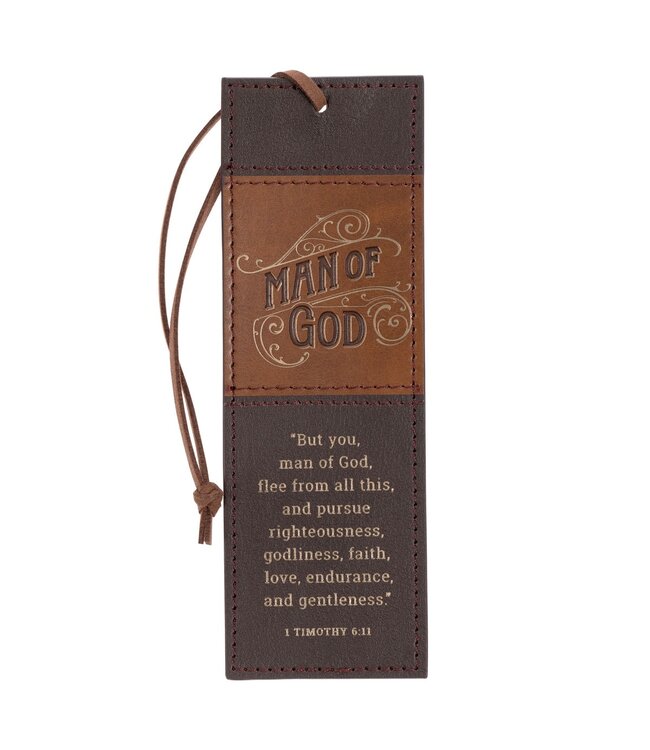 Man of God Honey-brown and Espresso Faux Leather Bookmark - 1 Timothy 6:11 | 仿皮書籤
