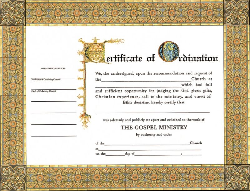 Certificate Ordination Minister (4 Color) (8 1/2 quot x 11) (Pack Of 6