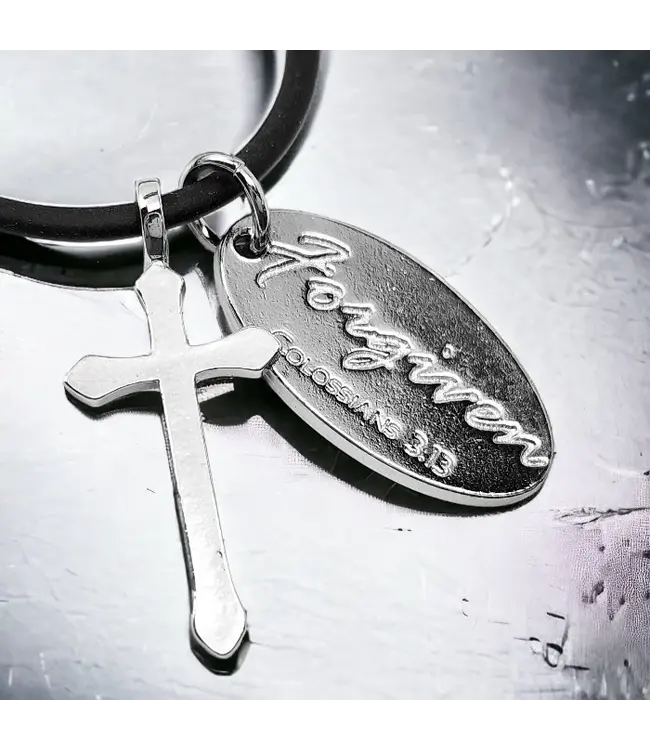 Cross Rhodium Metal Finish Forgiven Tag Black Cord Necklace | 鍍銠金屬十字架 Forgiven Tag 黑色繩子項鍊