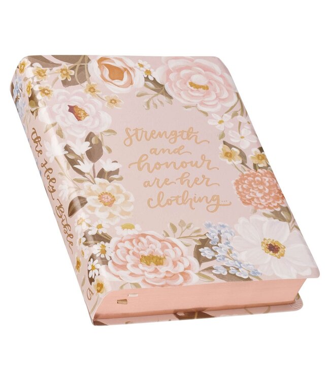 Peach Floral Margo Collection Faux Leather King James Version Note-taking Bible - Proverbs 31:25